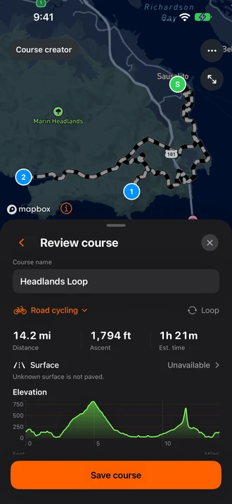 Bonked course creator showing Headlands Loop with a route map, distance, ascent, and elevation profile.