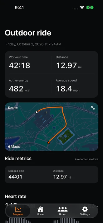 Bonked outdoor ride recap showing sample ride time, distance, energy, average speed, saved route, and recorded metrics.