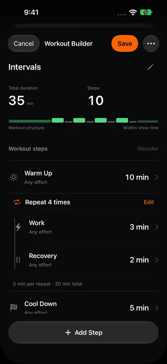Bonked Workout Builder showing a sample 35-minute interval workout with warm-up, work, recovery, and cool-down steps.